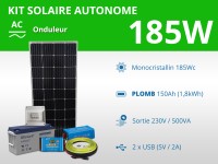 Kit solaire autonome 185W - Plomb Gel - Onduleur 500VA | 230V / 1,8kWh