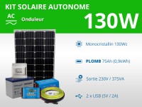 Kit solaire autonome 130W - Plomb Gel - Onduleur 375VA | 230V / 0,9kWh