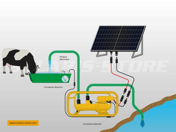 Montage de la motopompe solaire sur abreuvoir avec flotteur électrique