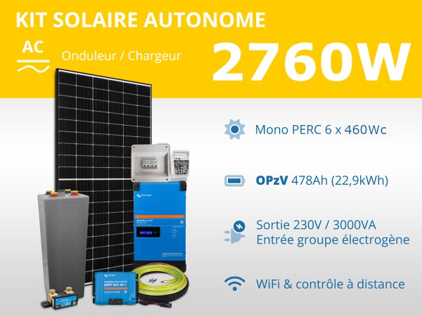 Kit solaire autonome 2760W - OPzV - Multiplus GX 3000VA | 230V / 22,9kWh