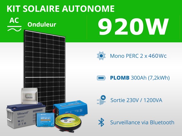 Kit solaire autonome 920W - Plomb Gel - Onduleur 1200VA | 230V / 7,2kWh