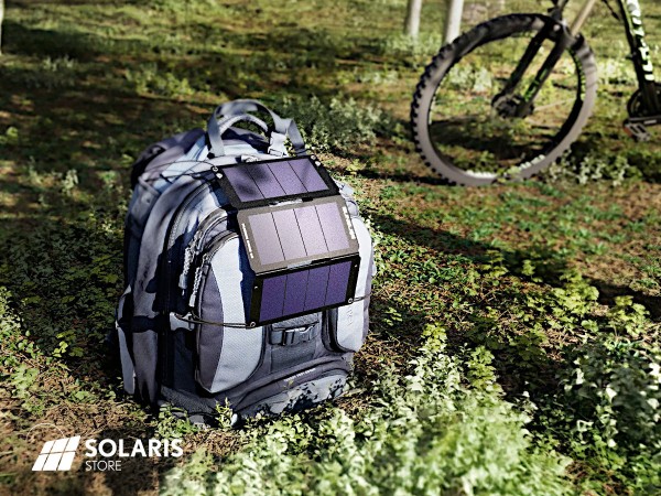 Panneau solaire portable SUNSLICE Fusion Core 10W sur sac à dos