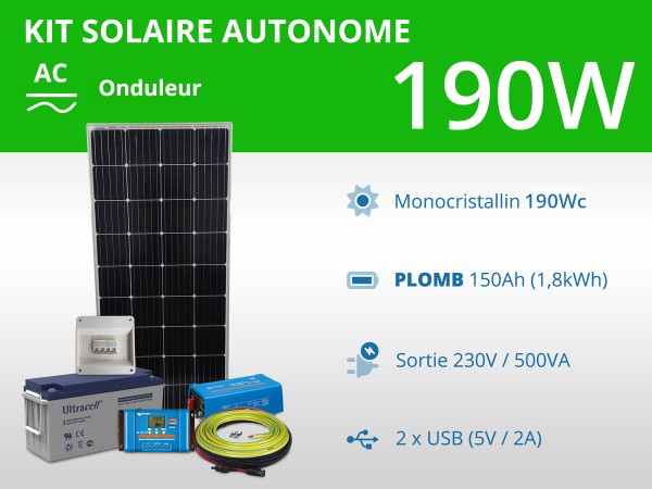 Kit solaire autonome 190W - Plomb - Onduleur 500VA | 230V / 1,8kWh