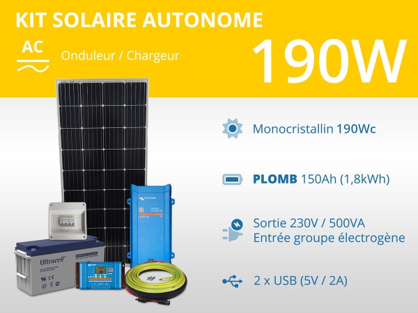Kit solaire autonome 190W - Plomb - Multiplus 500VA | 230V / 1,8kWh