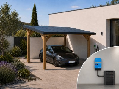 Carport solaire autoconsommation monophasé 6kW - batterie 10kWh | 18m²
