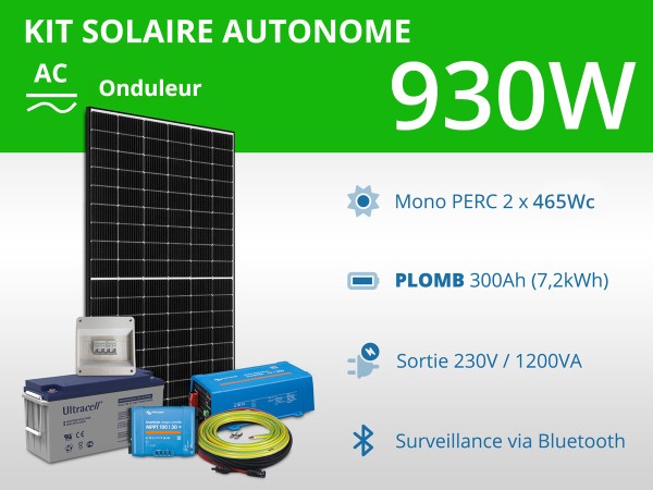 Kit solaire autonome 930W - Plomb Gel - Onduleur 1200VA | 230V / 7,2kWh