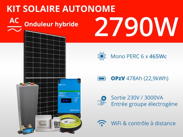 Kit solaire autonome 2790W - OPzV - Easysolar GX 3000VA | 230V / 22,9kWh