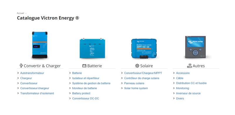 Catalogue Victron, tout le matériel : onduleur, chargeur, batterie