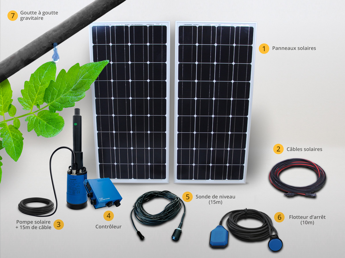 Kit pompe solaire immergé goutte à goutte sans pression 250m²