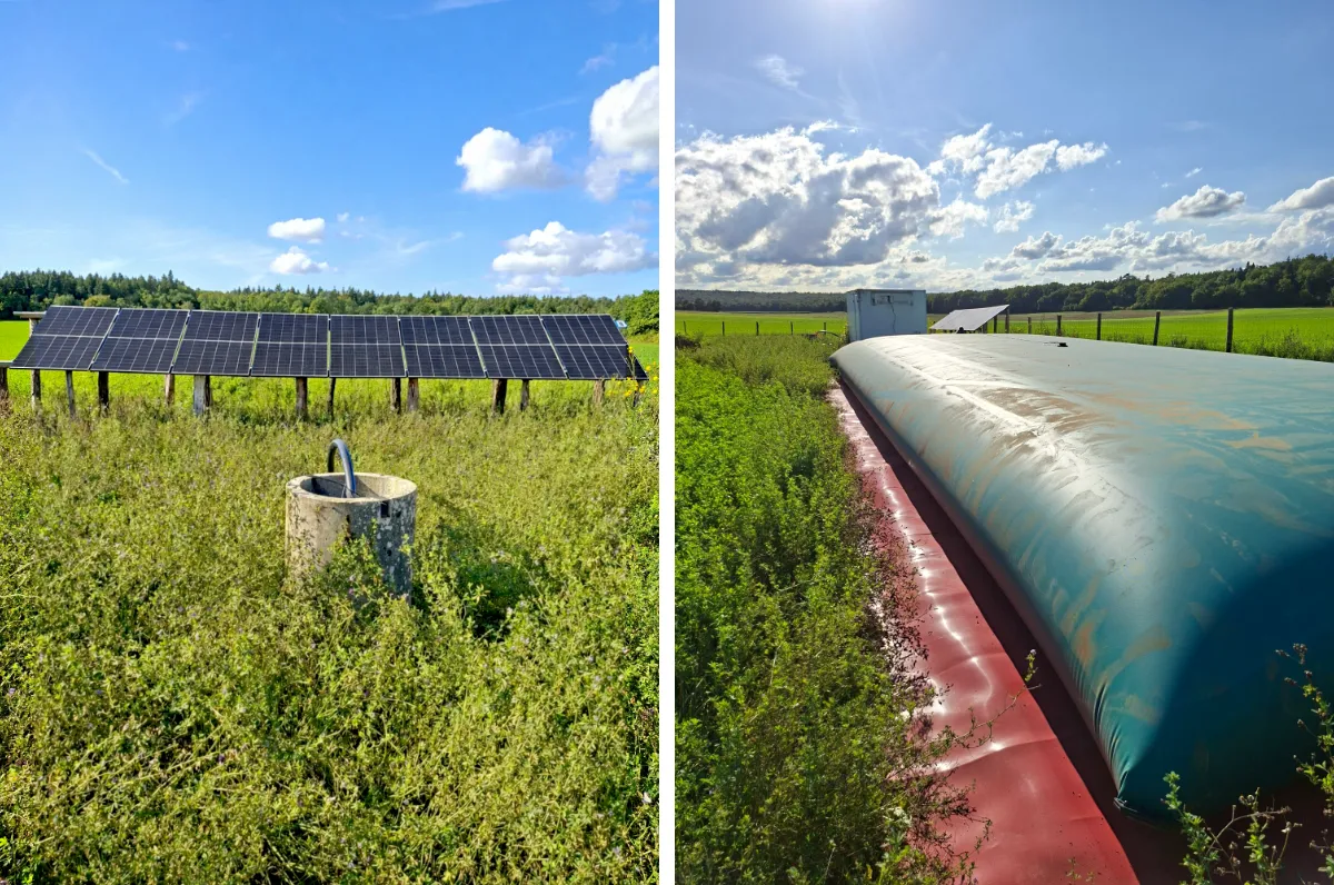 Forage en plein champs et cuve souple - Pompe solaire en ferme Bio